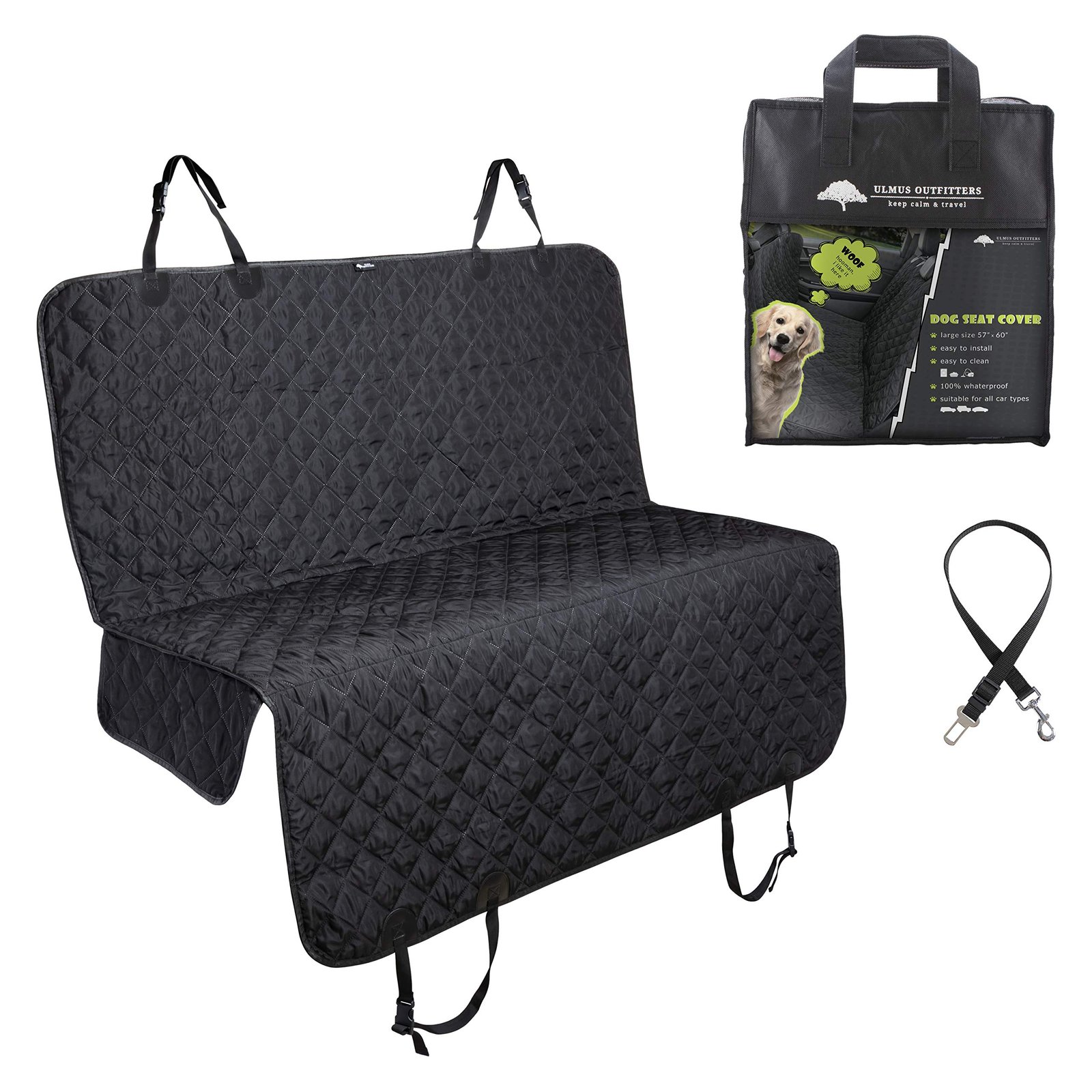 ULMUS OUTFITTERS Dog Car Seat Covers - Pet Seat Cover Hammock Convertible - Waterproof - Best for Cars, SUVs and Trucks - With Side Flaps - Bonus Free Seat Belt - Nonslip Heavy Duty - Black