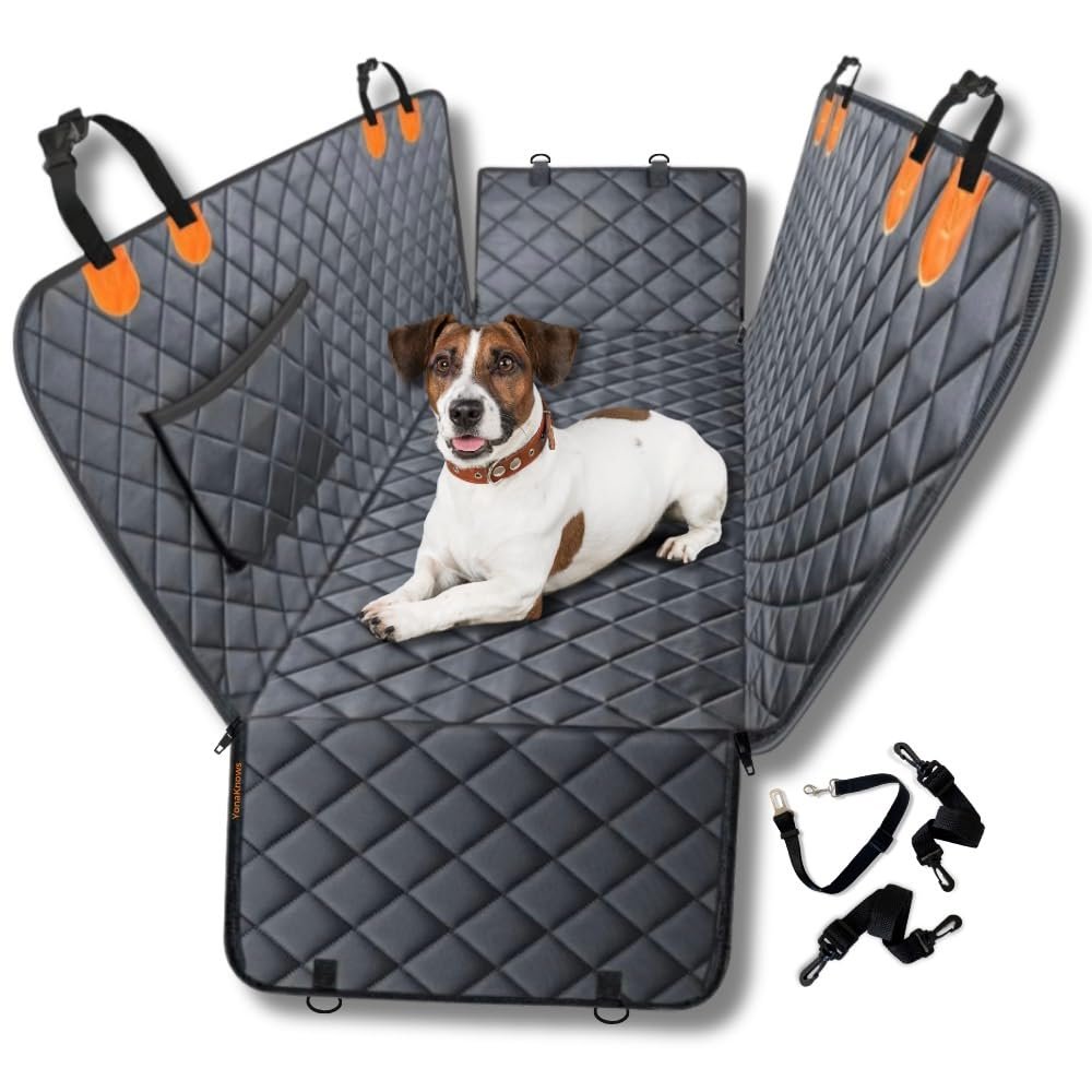 Dog Car Seat Cover for Back Seat – Waterproof Hammock with Door Protection, Side Flaps and Storage Pocket – Scratch-Resistant, Non-Slip – Fits Cars, SUVs & Trucks – YonaKnows