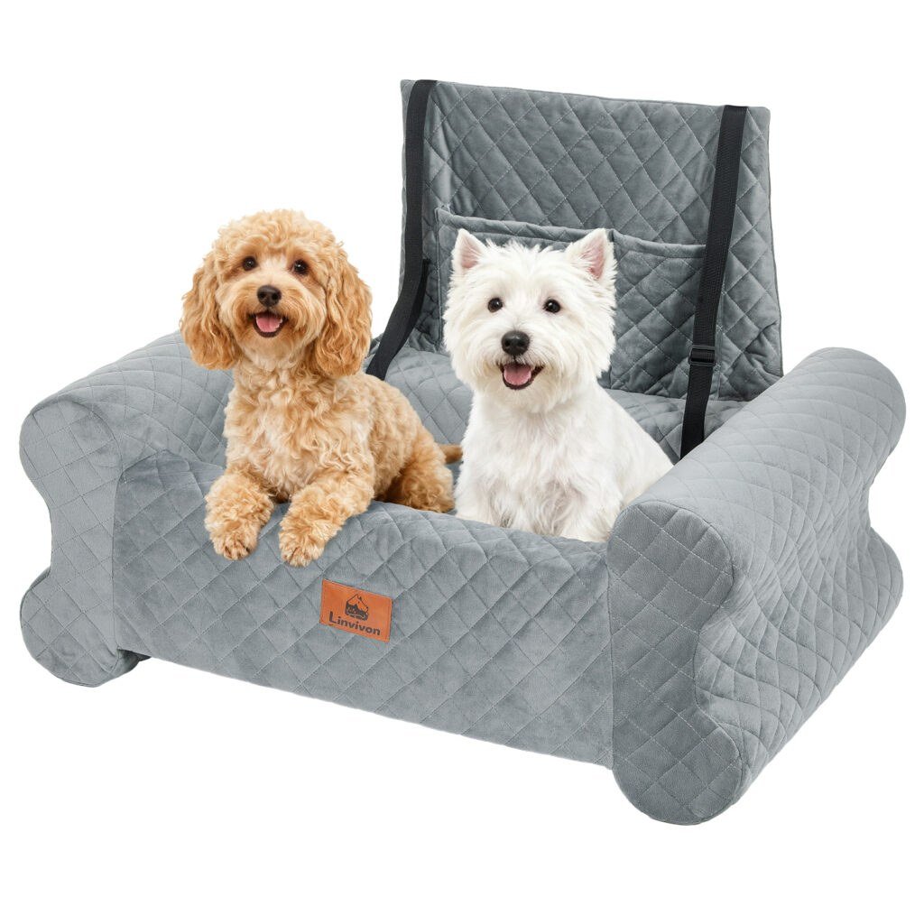 Linvivon dog car seat in grey with raised bone-shaped sides, thick raised cushion and two rear storage pockets