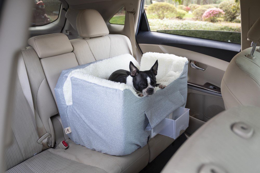 Snoozer Lookout II dog booster car seat in large size with sherpa interior, raised sides and slide-out storage tray