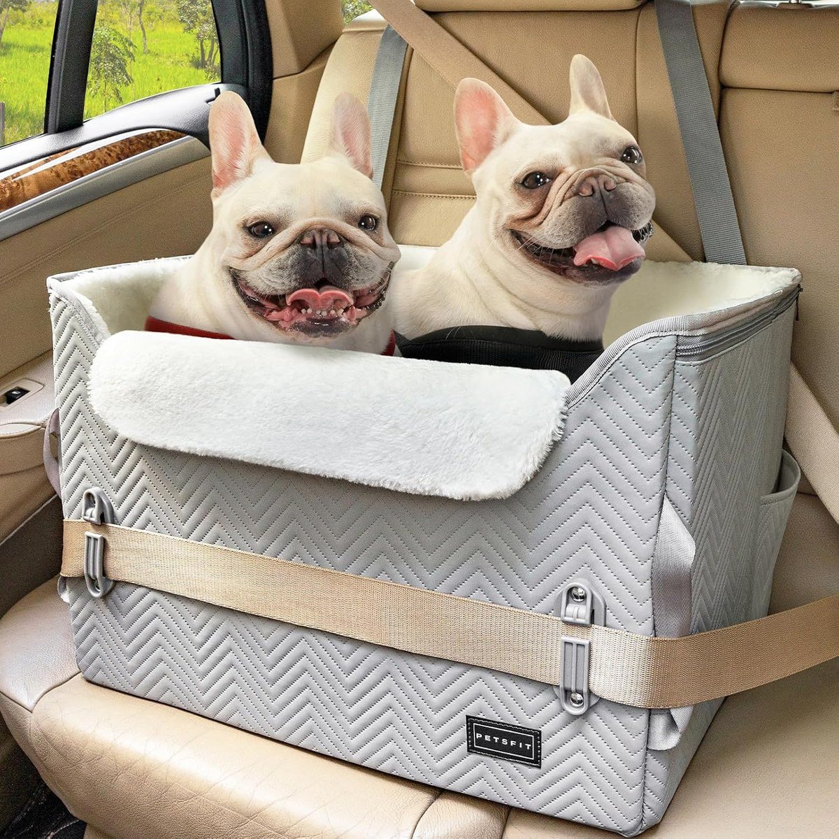 Petsfit dog booster car seat in grey with waterproof PU leather, adjustable elevation and patented buckle system