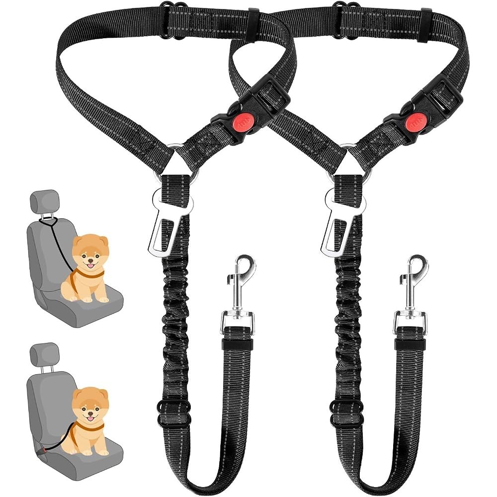 SlowTon Dog Seat Belt for Car, 2 pack headrest and clip version in black