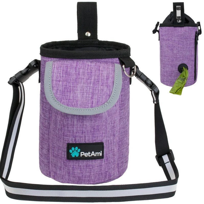 PetAmi dog treat pouch in purple with front zipper pocket and adjustable waist strap