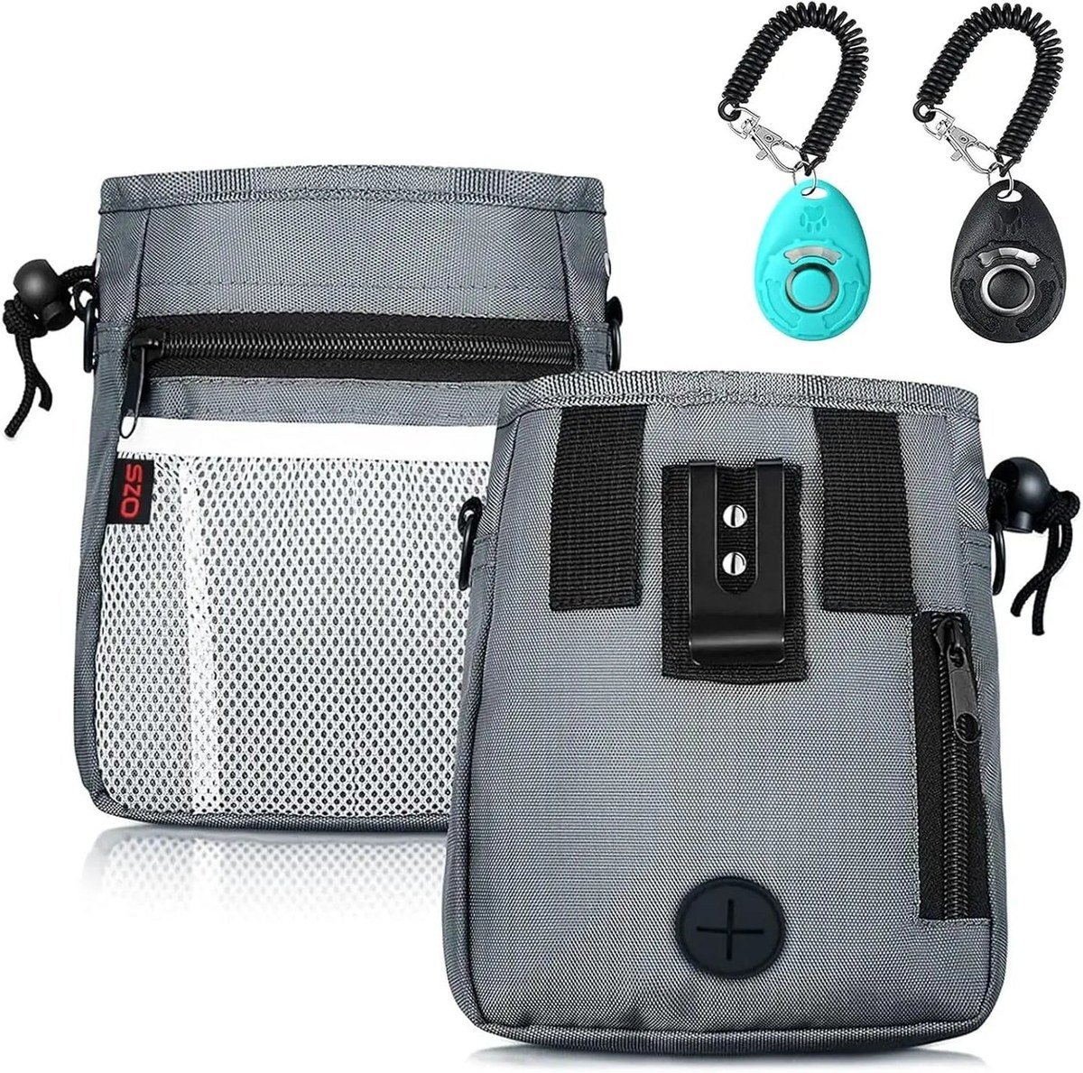 SZO large dog treat pouch in grey with waist belt and training clickers