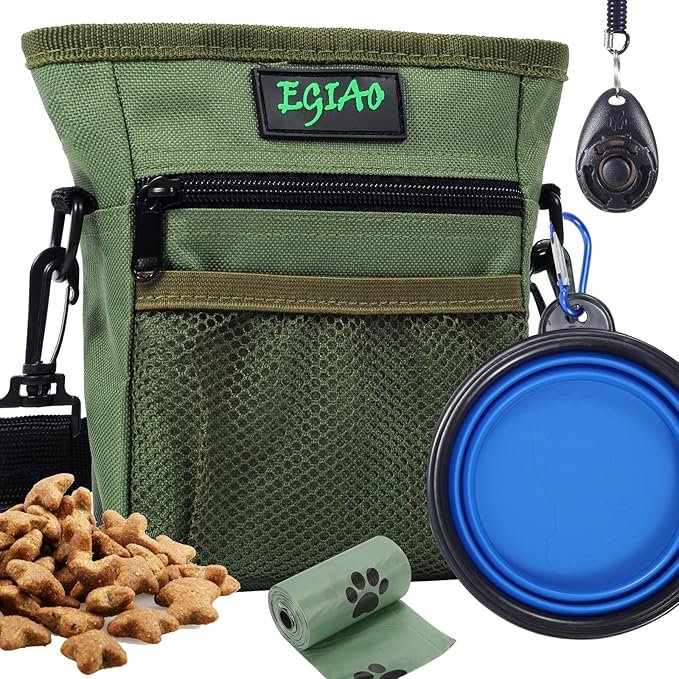 Egiao dog training kit in green with treat pouch, collapsible bowl and clicker