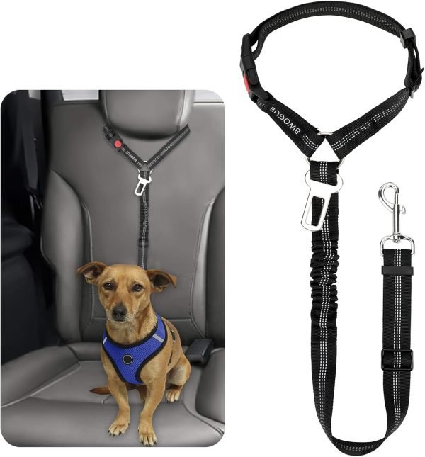 BWOGUE 2-piece dog seat belt with elastic bungee, black
