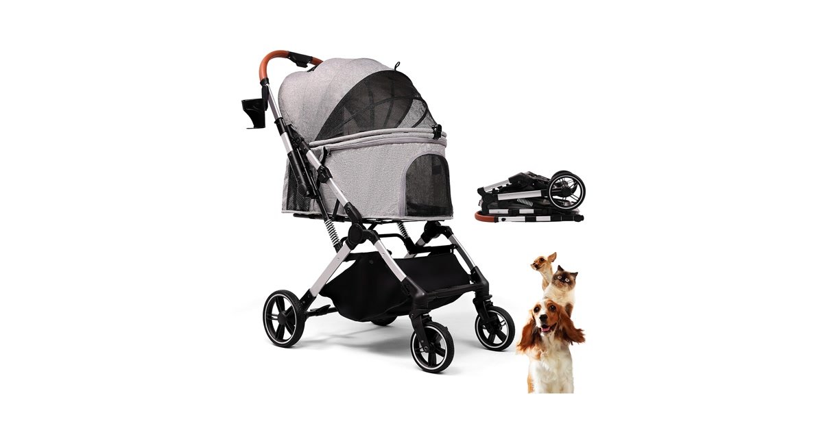 Bicystar pet stroller for medium dogs in grey with rubber wheels and detachable carrier