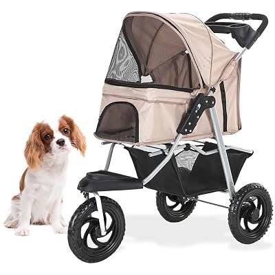Critter Sitters 3-wheel jogging dog stroller in tan with large rear wheels