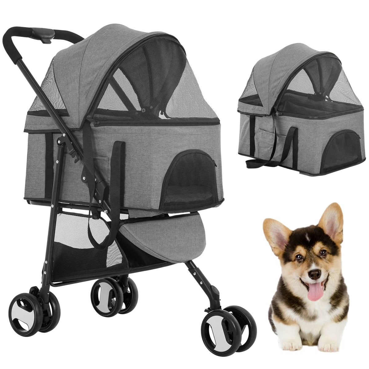 BestPet 3-in-1 multifunction pet stroller in grey with detachable carrier and small EVA wheels