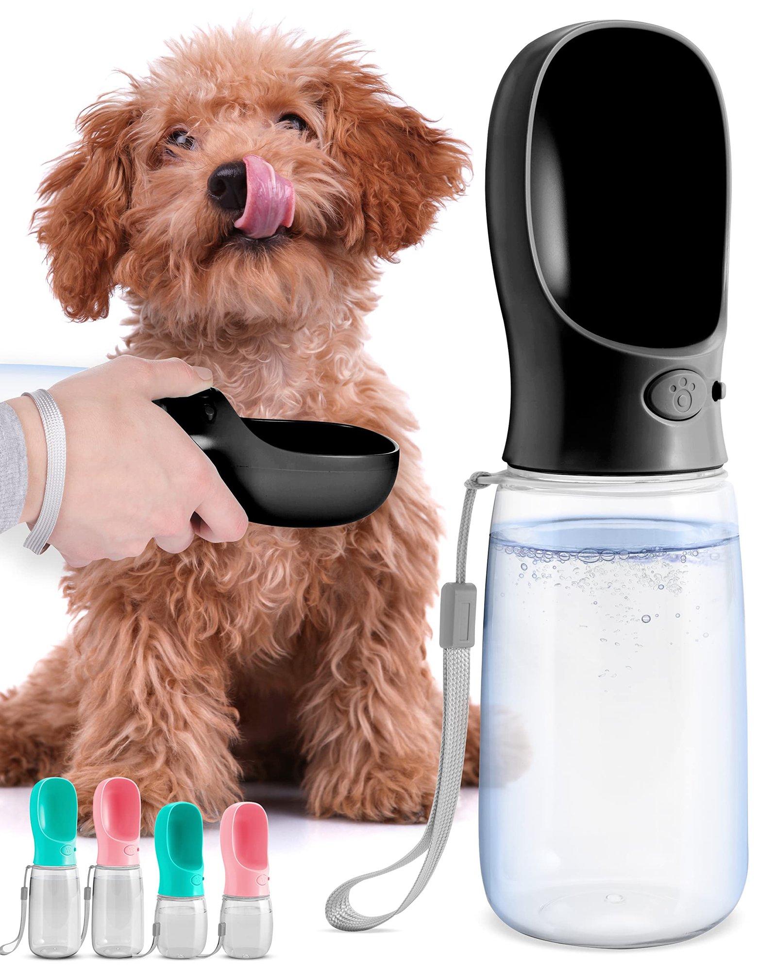 MalsiPree portable dog water bottle with paw-print water button and drinking trough