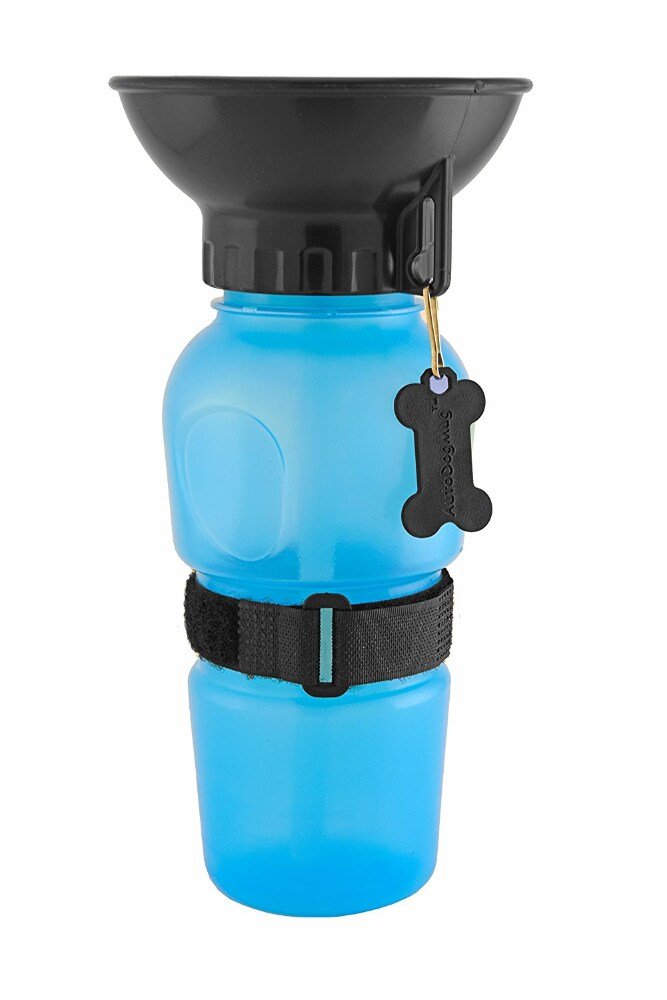 Highwave AutoDogMug blue portable dog water bottle with built-in bowl top and strap