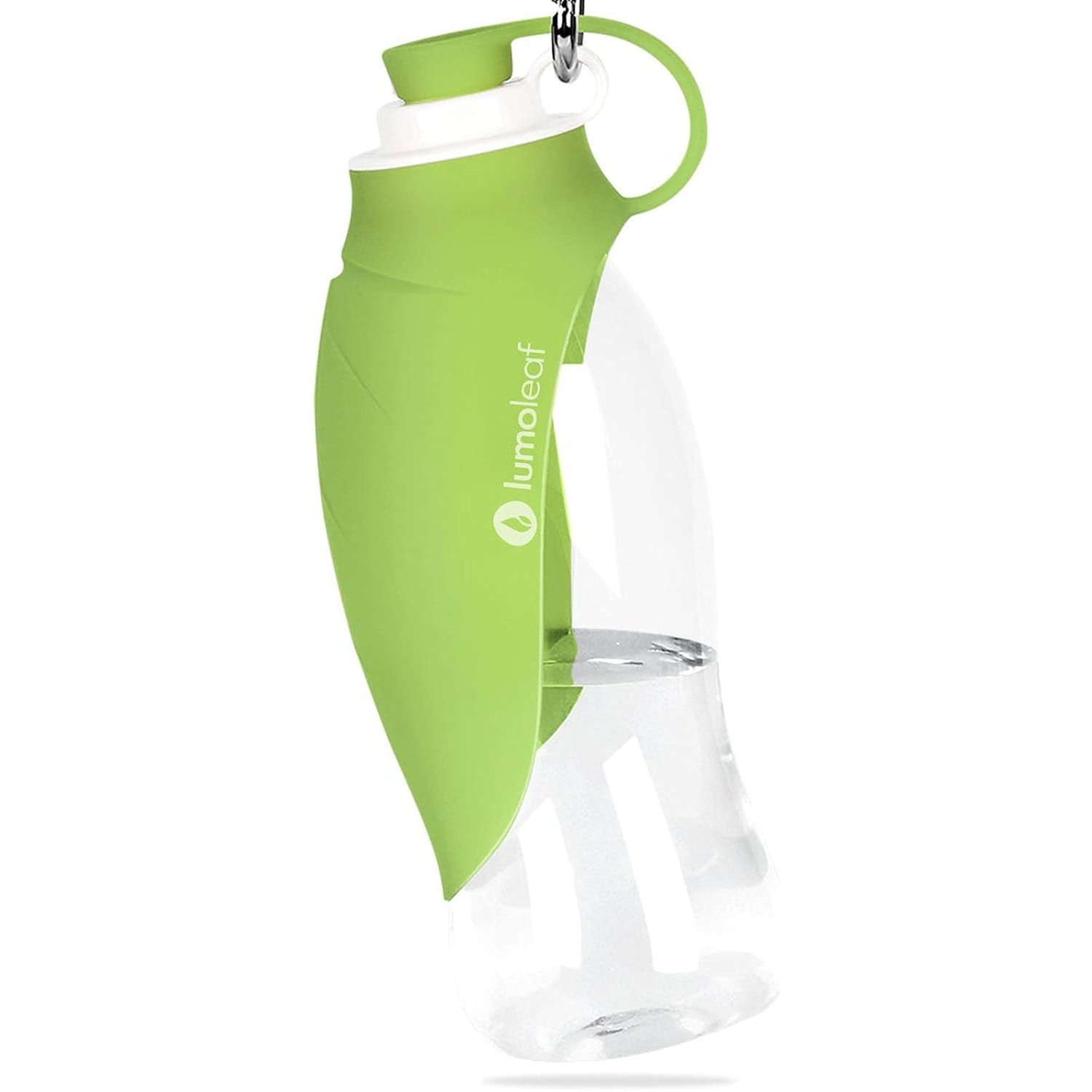 LumoLeaf portable pet water bottle in green with folded silicone leaf bowl