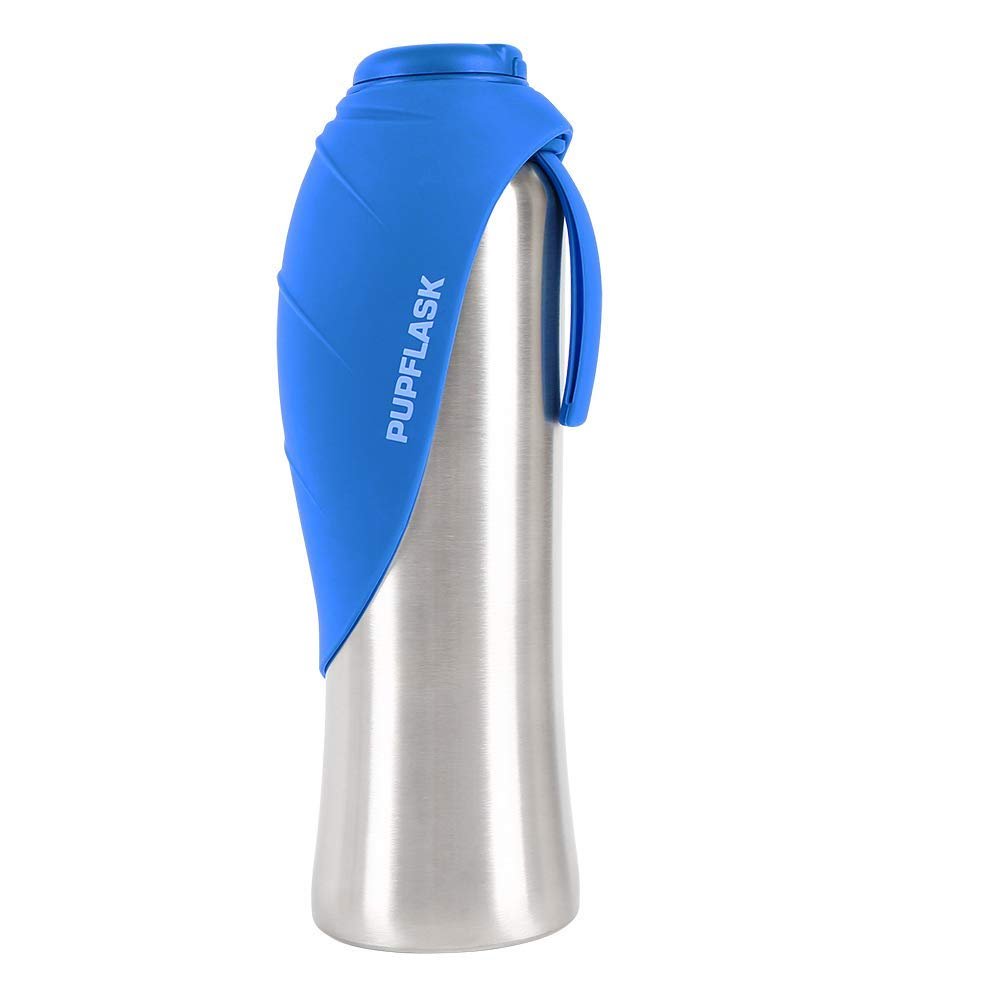 Tuff Pupper PupFlask stainless steel dog water bottle with blue silicone drinking cup