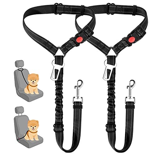 SlowTon two-pack bungee dog seat belt tether, small black, with headrest loop and seatbelt clip