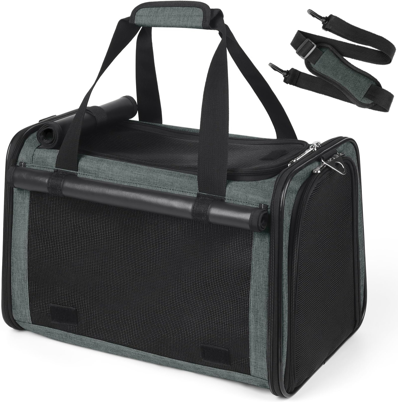 YUDODO 25-pound lightproof soft-sided pet carrier in grey green with black reflective mesh panels and roll-up privacy screen
