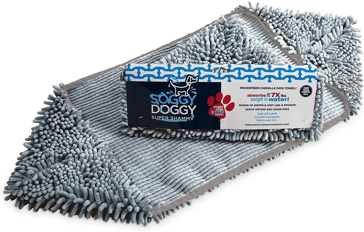 Soggy Doggy Super Shammy Dog Towel in grey with product tag