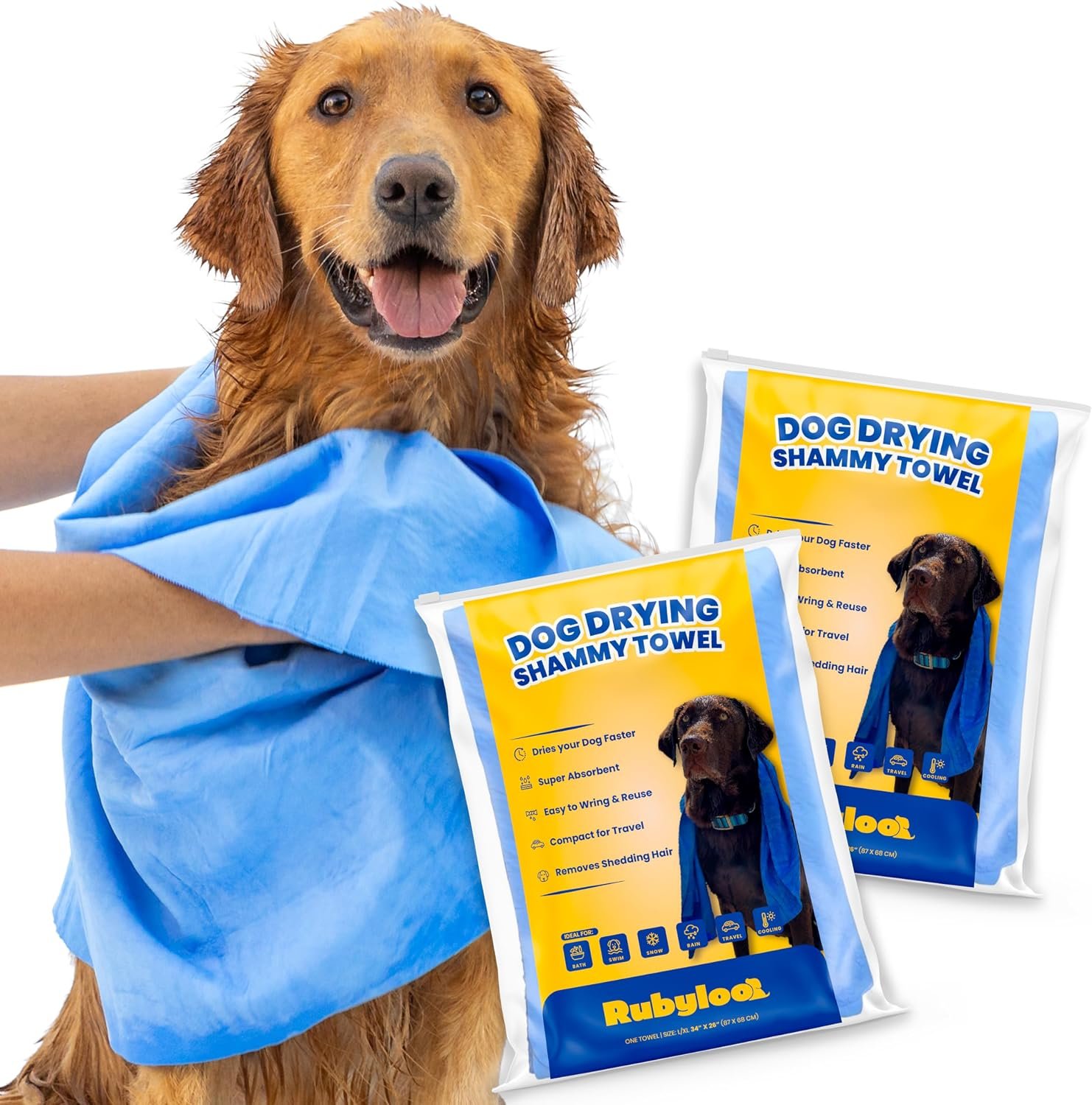 rubyloo Shammy Dog Drying Towel packaging with wet golden retriever