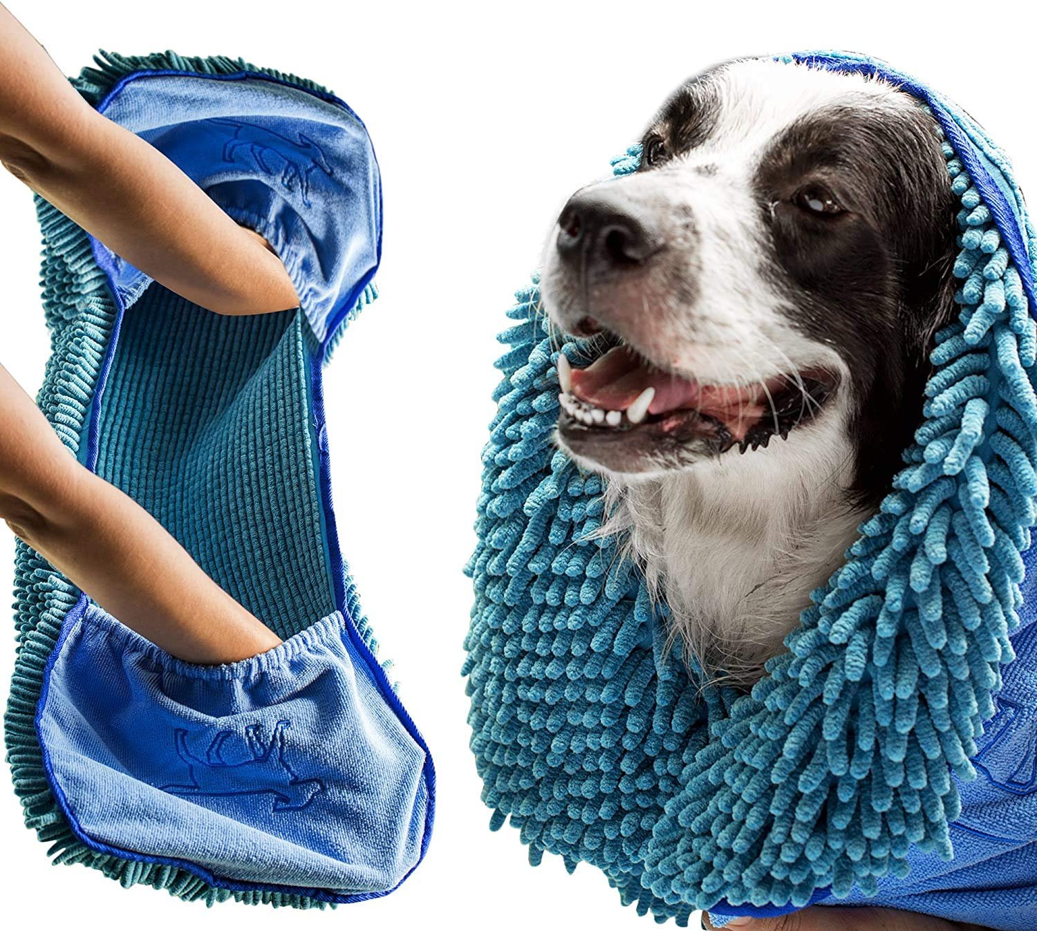 Tuff Pupper Quick Dry Towel blue chenille with hand pockets on dog