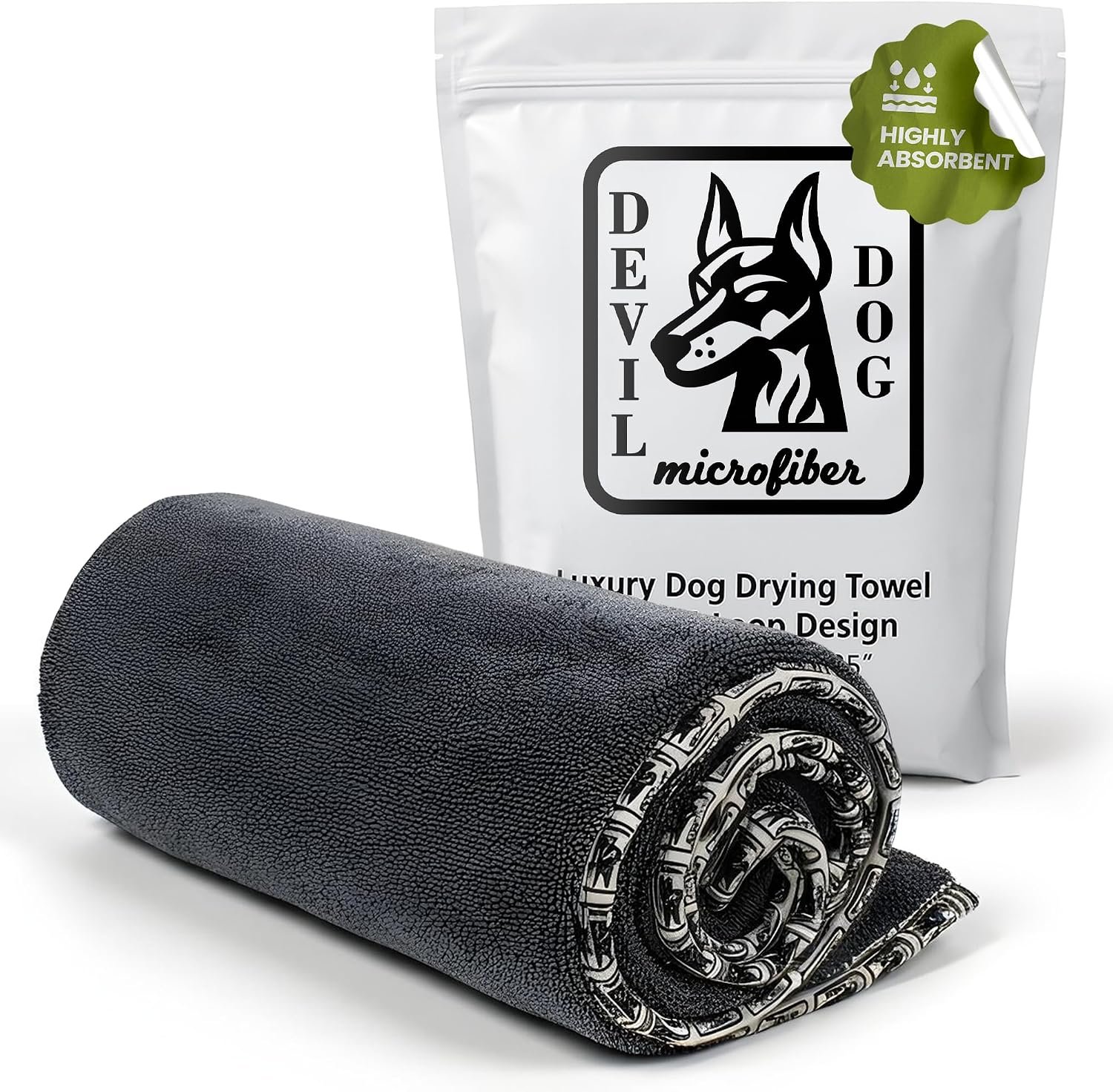 Devil Dog Microfiber premium dog drying towel rolled with branded packaging