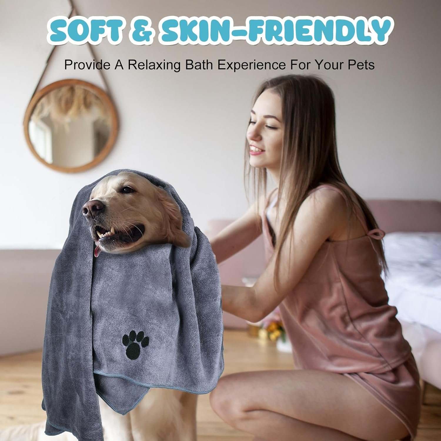 WOUSEDO Microfiber Dog Towels grey with paw print used to dry a golden retriever