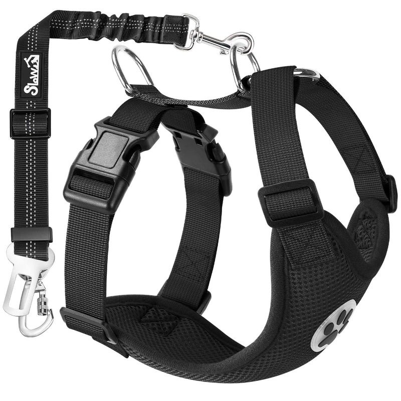 SlowTon dog car harness with seat belt tether, black, XXXS