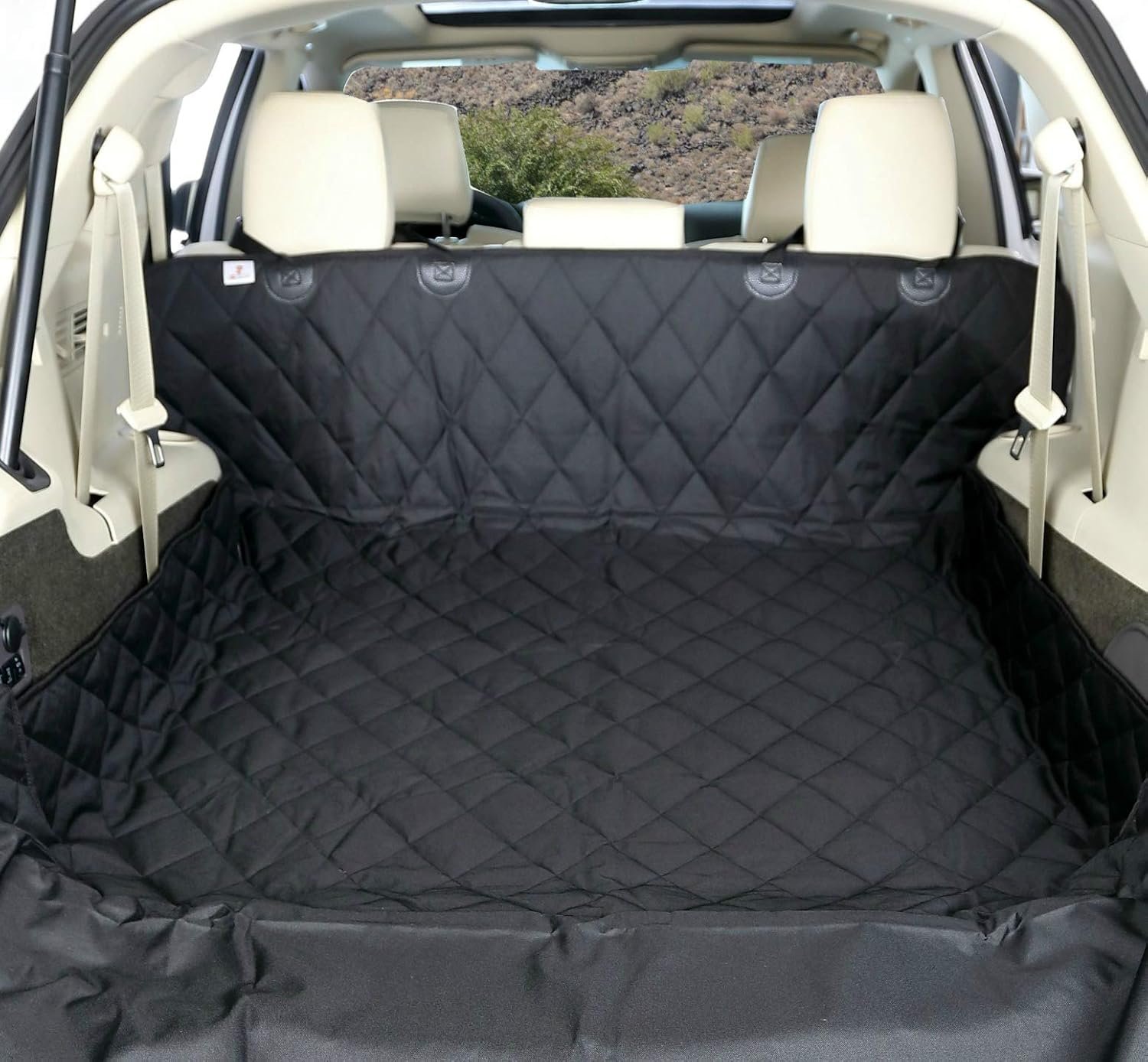 4Knines SUV Cargo Liner for Dogs, quilted black cargo liner installed in an SUV trunk