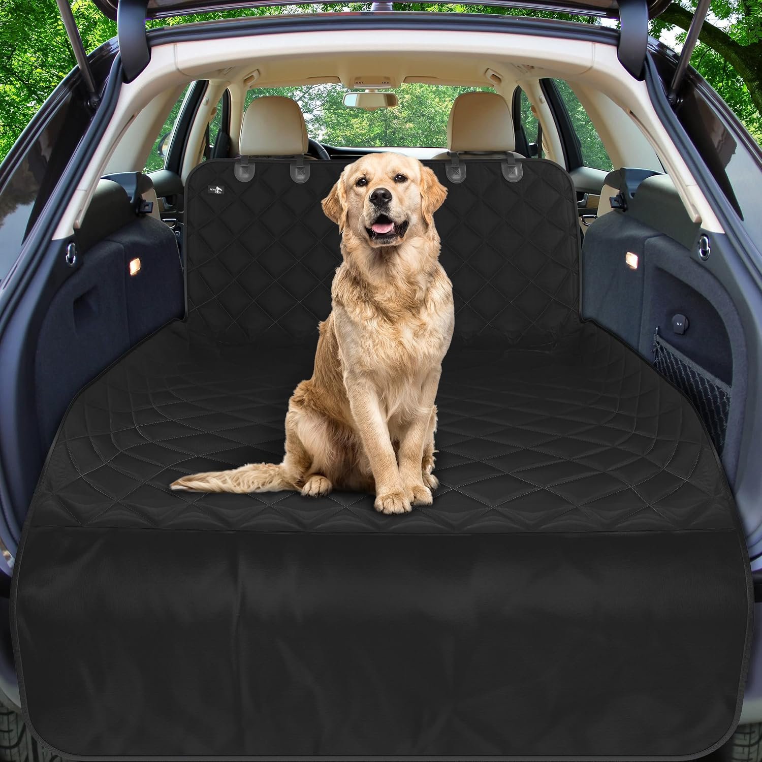 Active Pets Cargo Liner for Dogs, quilted black cargo liner in an SUV trunk