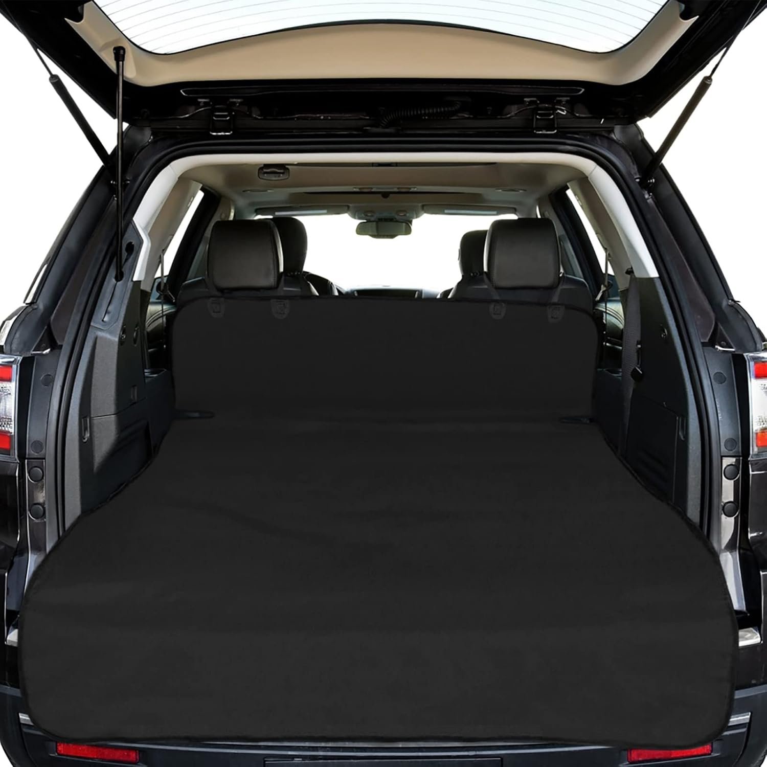 F-color SUV Cargo Liner for Dogs, black cargo liner installed in an SUV trunk