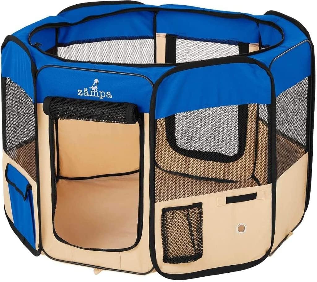 Zampa large blue pop-up pet playpen with mesh windows and doors
