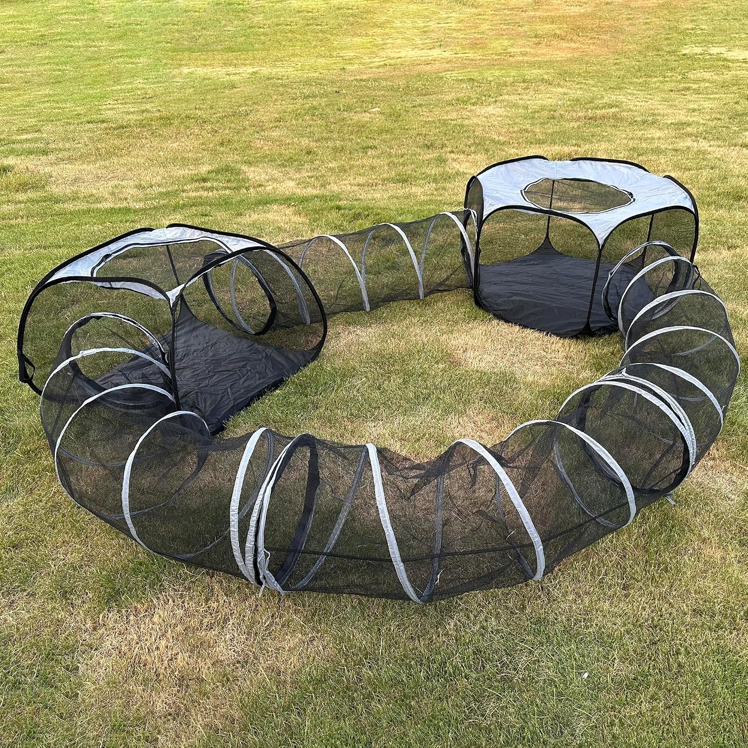 DOZZOPET outdoor cat tunnel and tent playpen set with two tents and long mesh tunnels on grass
