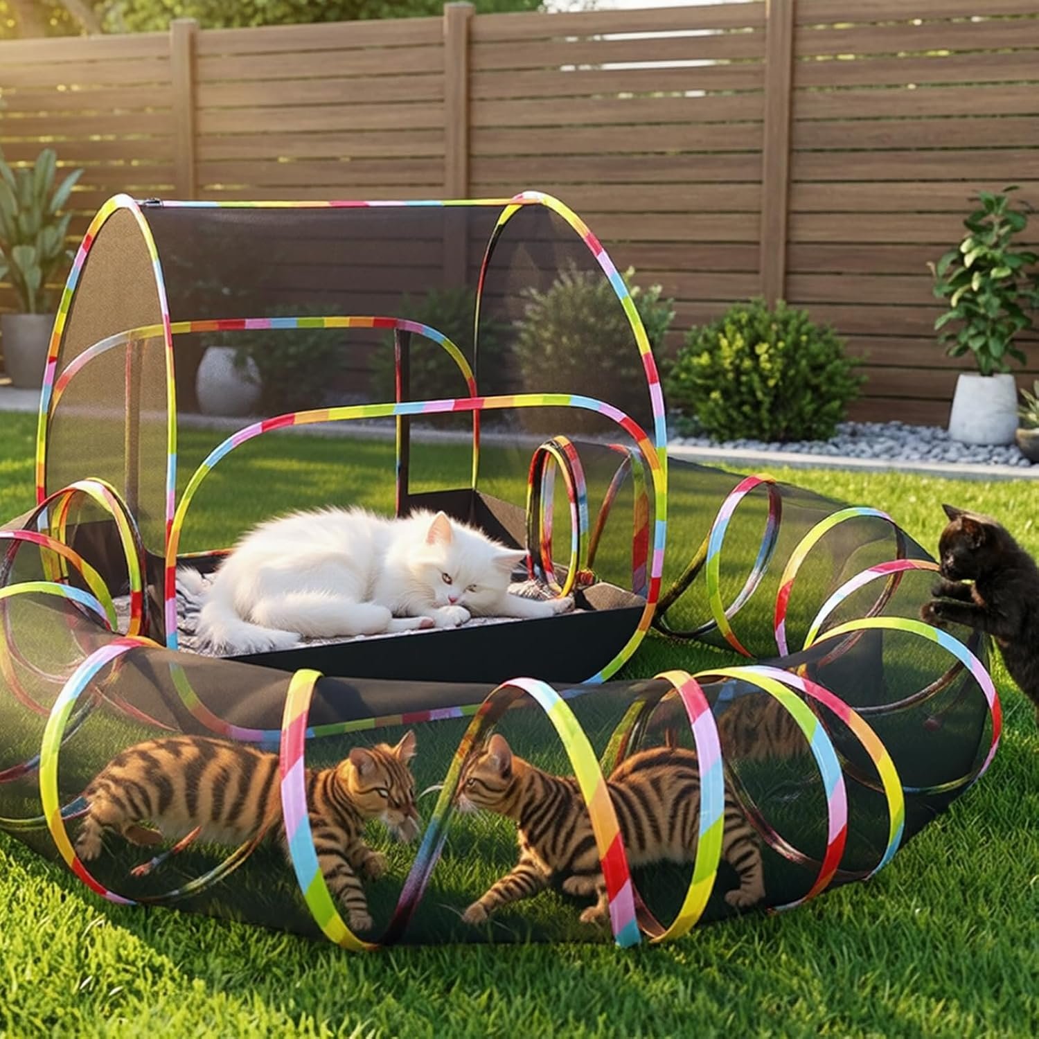 Naielfopet outdoor cat enclosure with colorful tunnel and tent set up in a backyard with cats