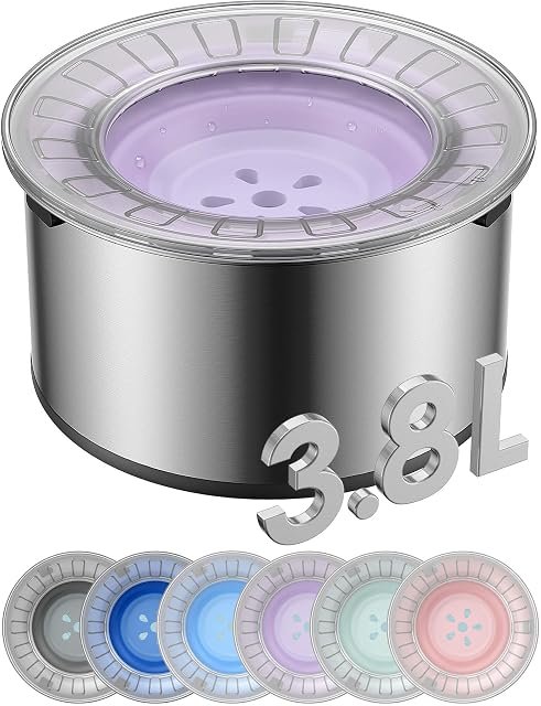 Heouvo 1-gallon stainless steel no-spill dog water bowl with anti-digging lid and one-piece molded floating disk