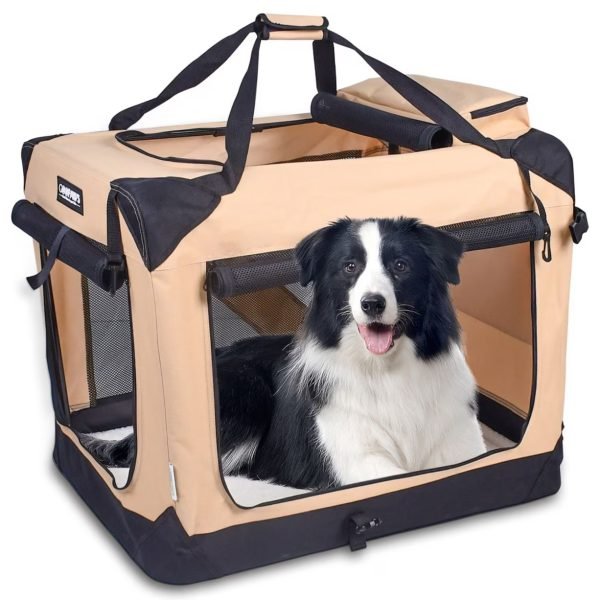 Jespet 3-door soft dog crate in beige with dog inside