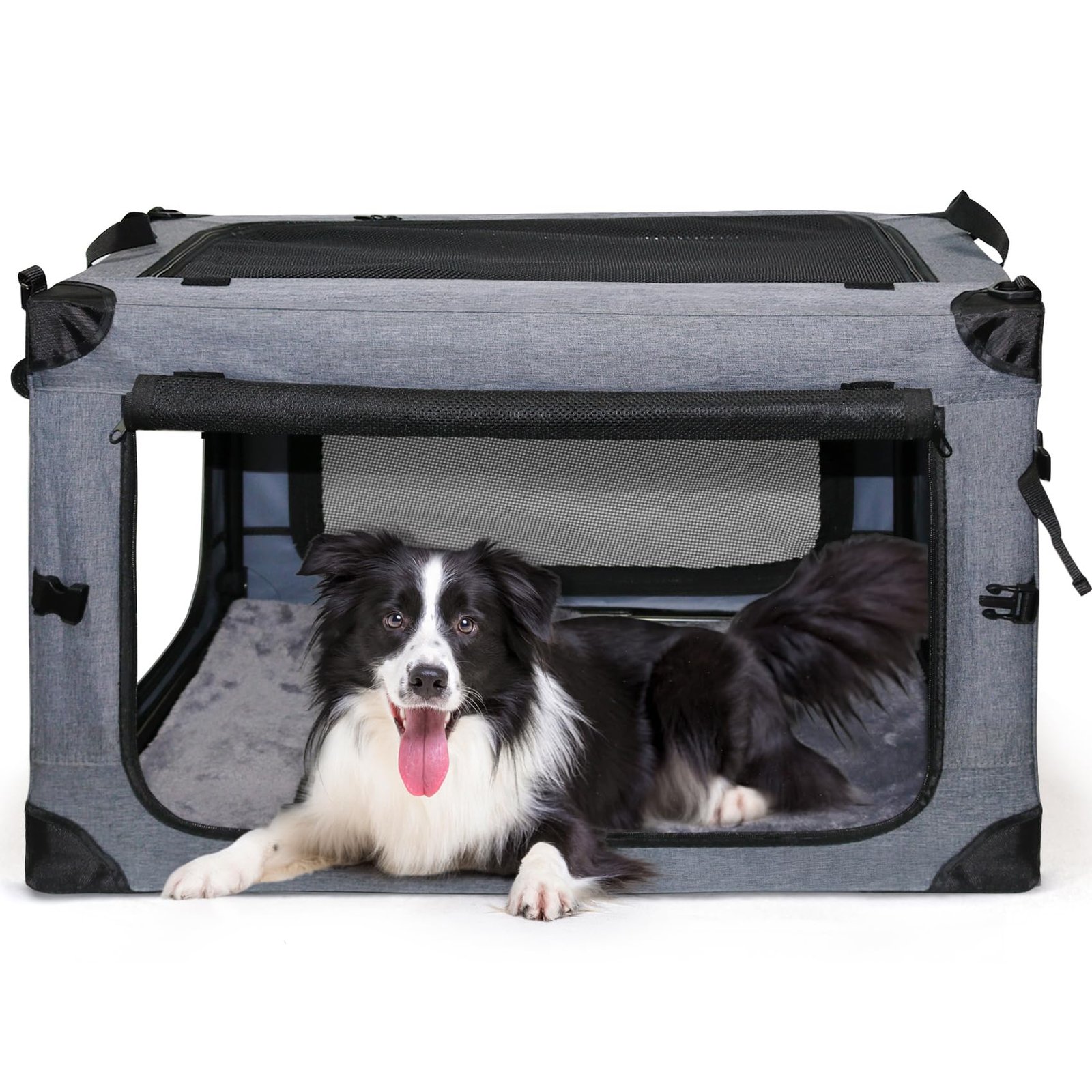 NEZUC 4-door collapsible soft dog crate in gray with dog