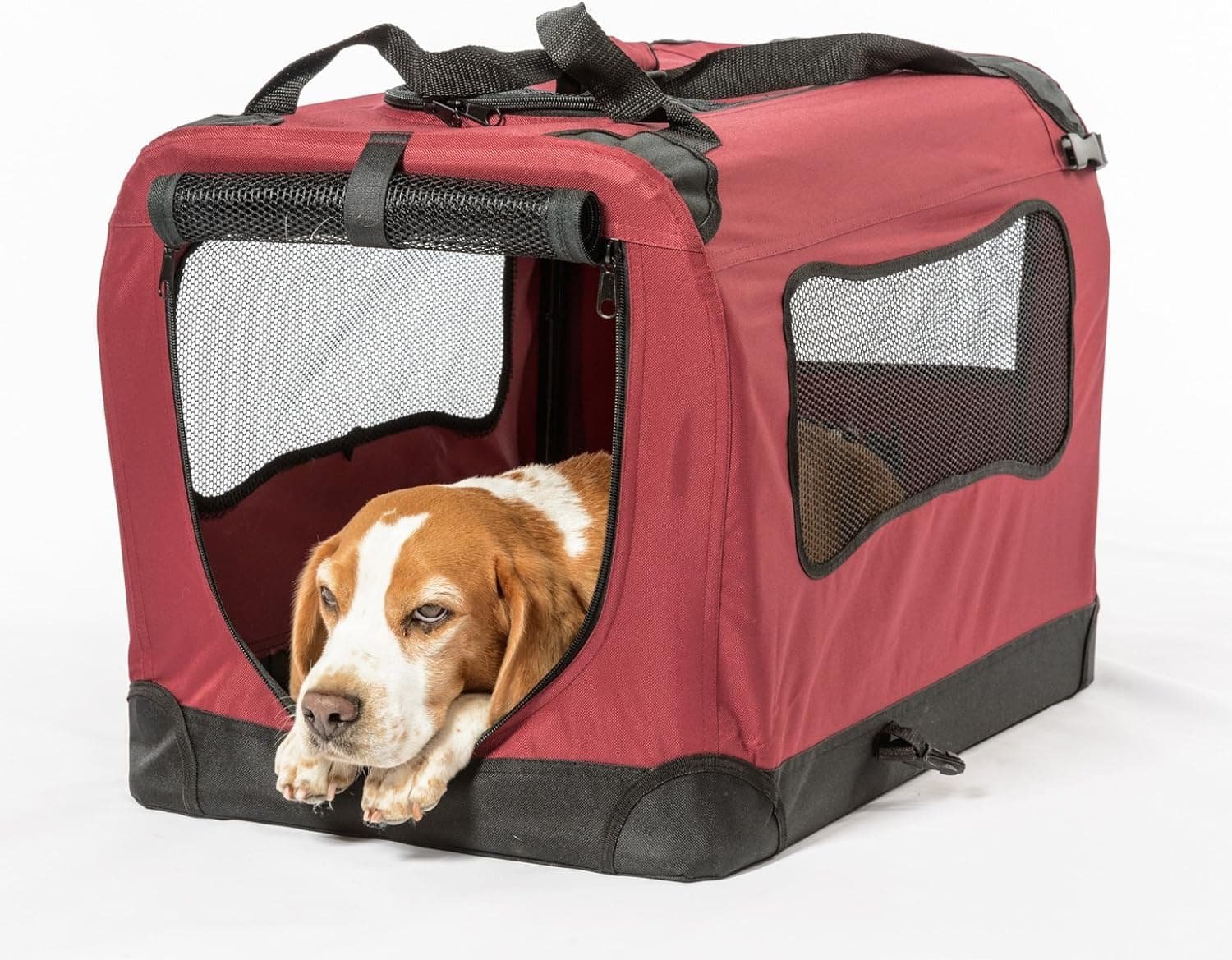 2PET foldable soft dog crate in red with bone-shaped mesh windows