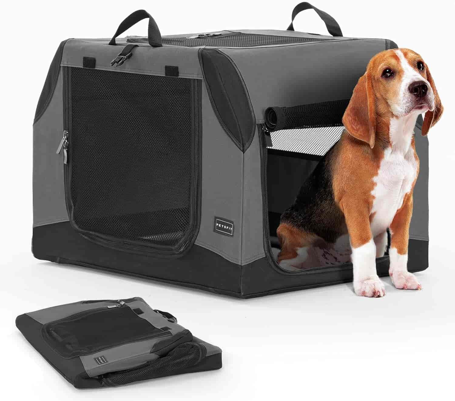 Petsfit portable soft dog crate in gray with puppy, folded version shown