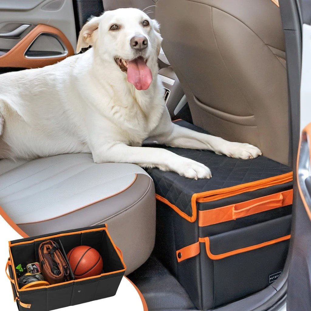 PETSFIT black back seat extender box with orange trim and a dog resting on it, storage compartment shown in inset