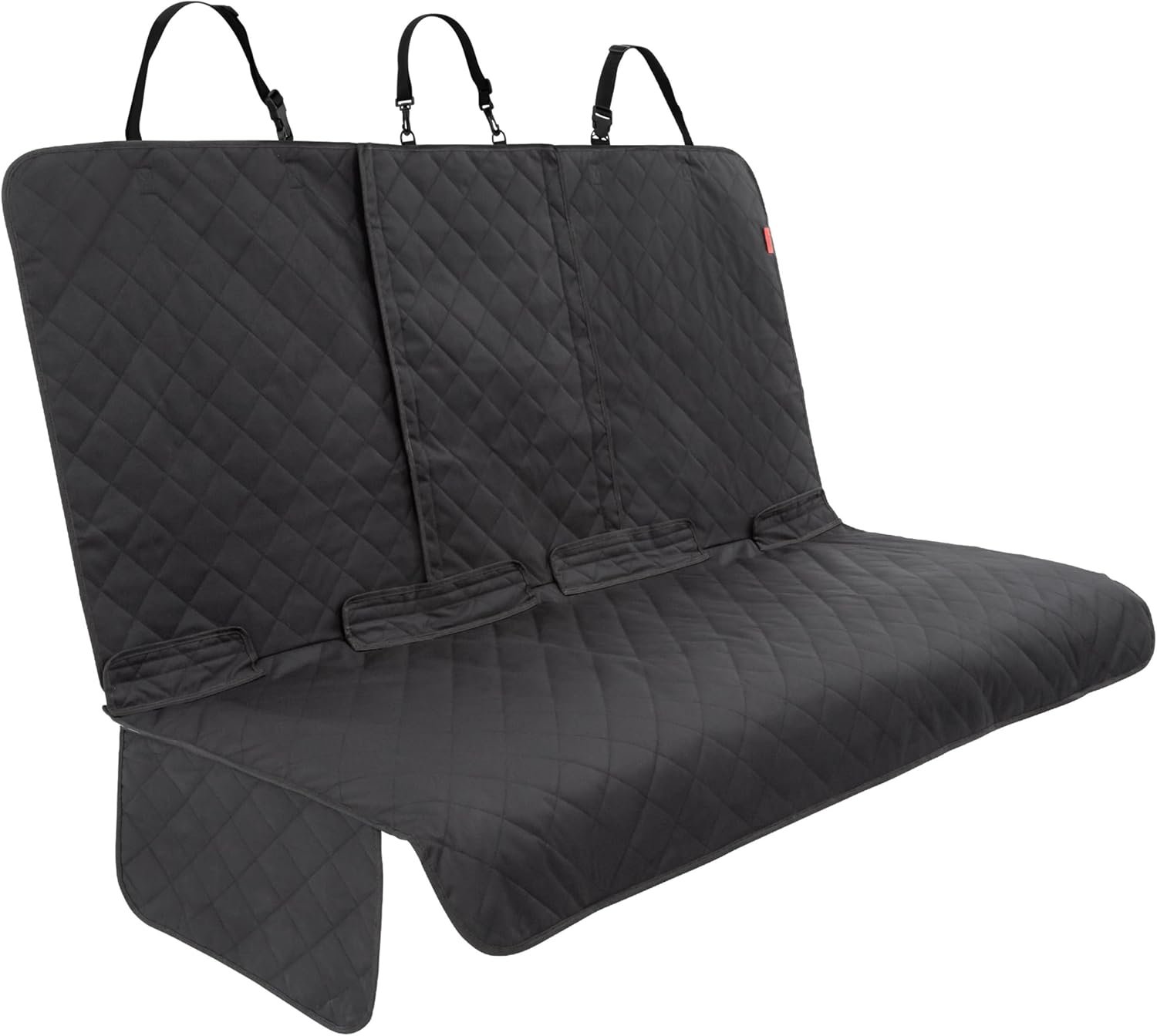 Lusso Gear dark quilted dog back seat cover with side flaps and headrest straps