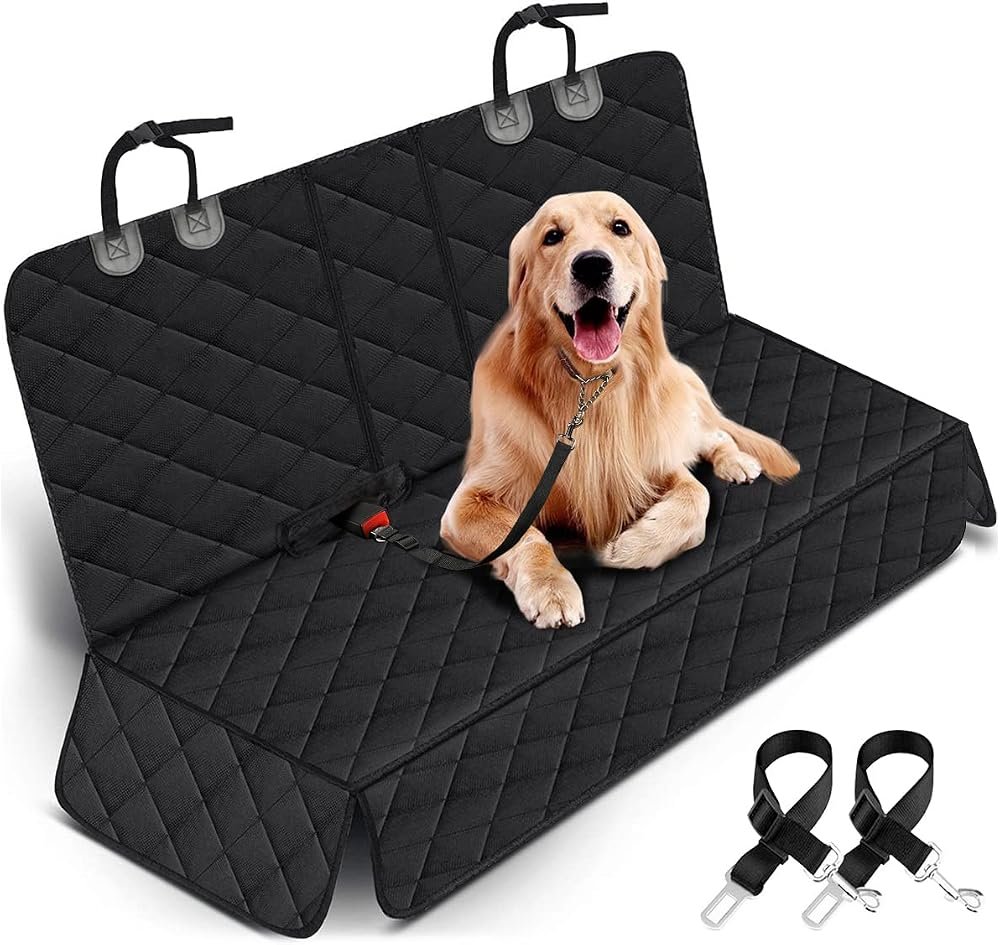 BarksBar Original black quilted dog seat cover in hammock style with a dog sitting on it