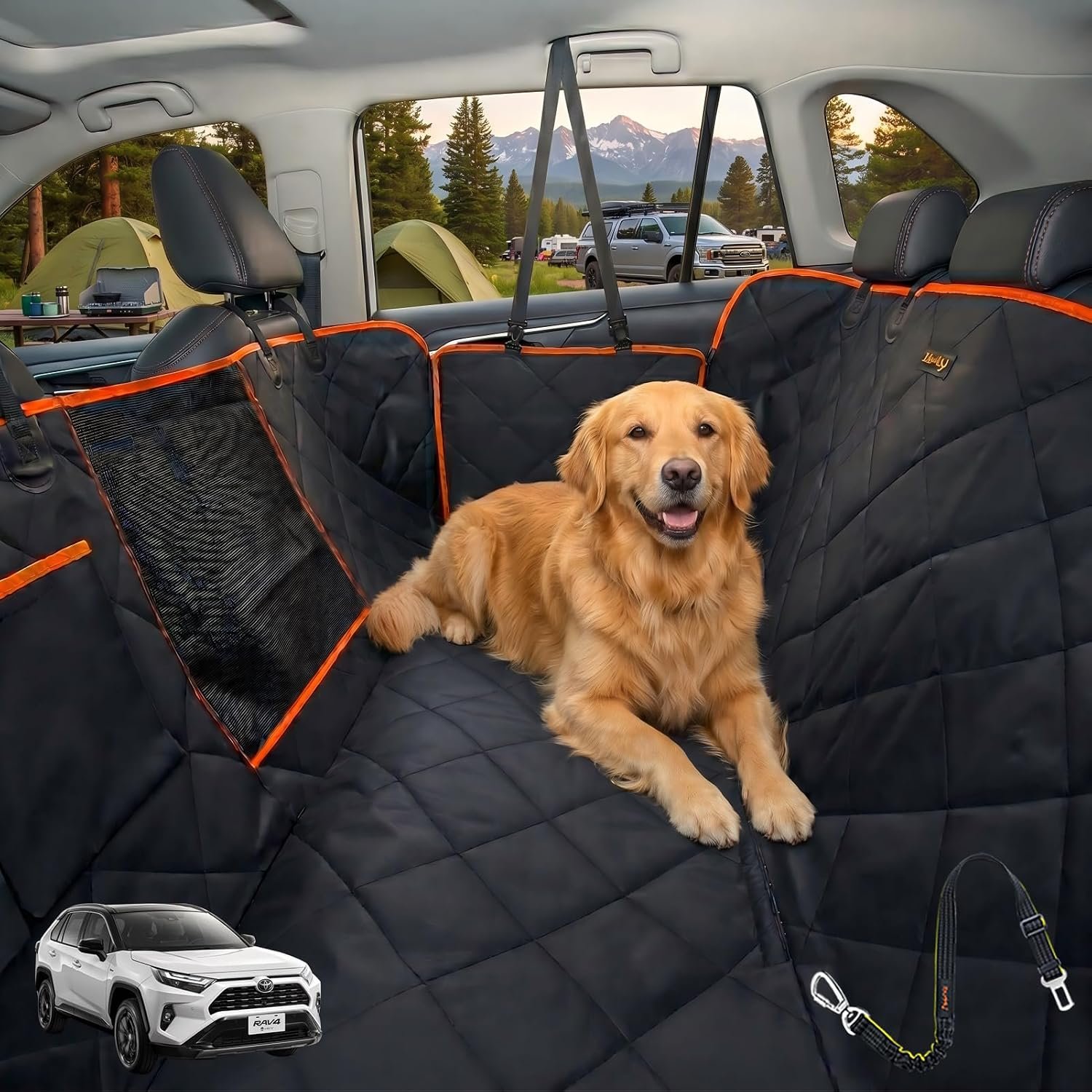 iBuddy black dog hammock seat cover with orange trim and mesh window installed in a car with a golden retriever