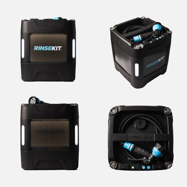 RinseKit PRO 2.0 battery powered portable shower 4 gallon transparent tank