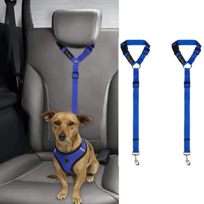 SlowTon Dog Seat Belt 2 pack, blue headrest-mount dog seatbelts shown on a dog in a car
