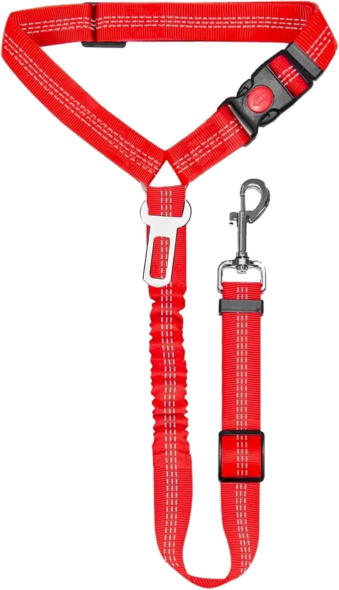 AUBELL 3-in-1 Dog Seat Belt, red reflective bungee dog seatbelt tether with buckle tab and headrest loop