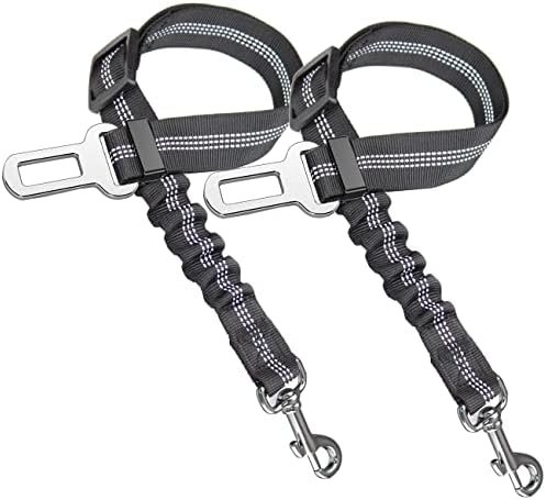 PUEENOD Dog Seat Belt 2 pack, black elastic bungee dog seatbelts with buckle tabs and swivel hooks