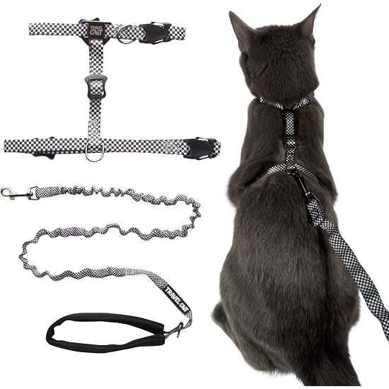 Travel Cat Harness and Bungee Leash Set, H-Style, Checkered, M