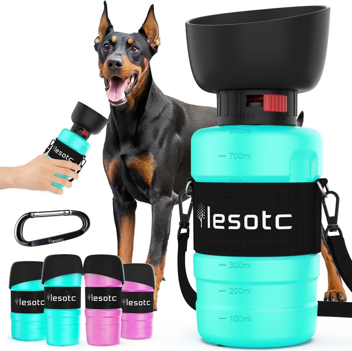 lesotc squeeze-style portable dog water bottle with attached drinking trough for small dogs