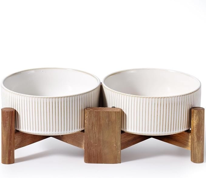 4. Getstar Ceramic Dog Bowls Set with Acacia Wood Stand — Best Farmhouse Design