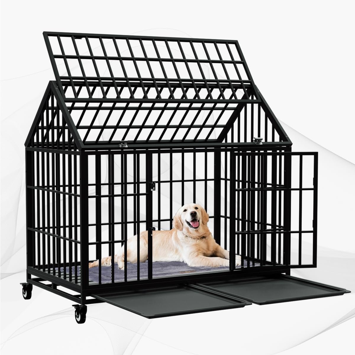 2. Snuowu 48″ Heavy Duty Dog Crate with Wheels — Best for Large Dogs