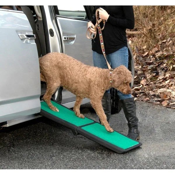 Pet Gear Travel Lite 42-inch bi-fold pet ramp with green supertraX mat and built-in carry handle