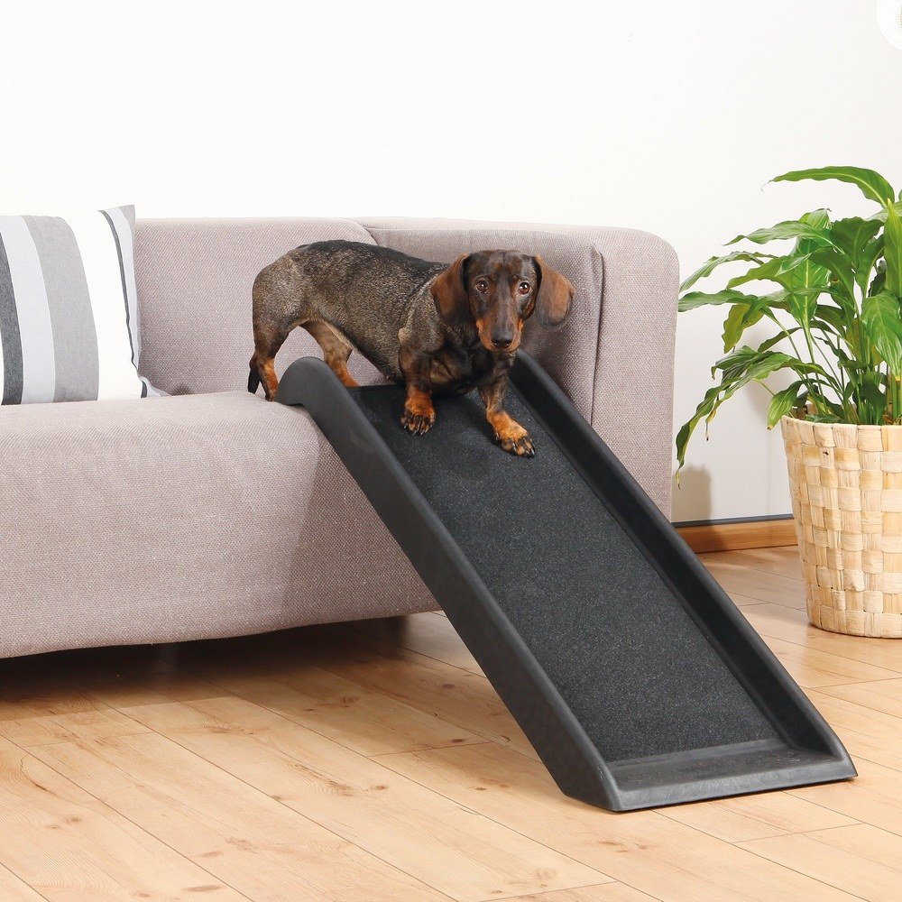 TRIXIE 39-inch black pet ramp with non-skid textured surface, side rails, and rubber feet